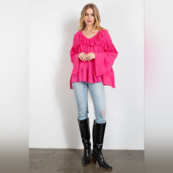 Easel Hot Pink Oversized Ruffled Bell Sleeve Boho Top - Picture 4 of 5